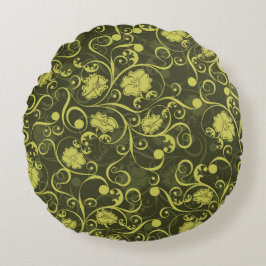 Almofada Redonda Natureza Negra e Verde Padrão Floral Ilustrado