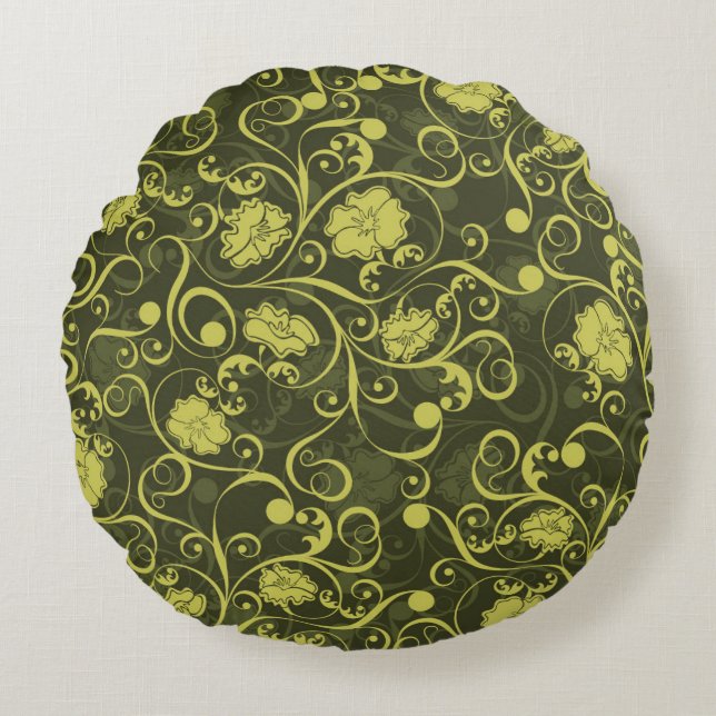 Almofada Redonda Natureza Negra e Verde Padrão Floral Ilustrado (Frente)