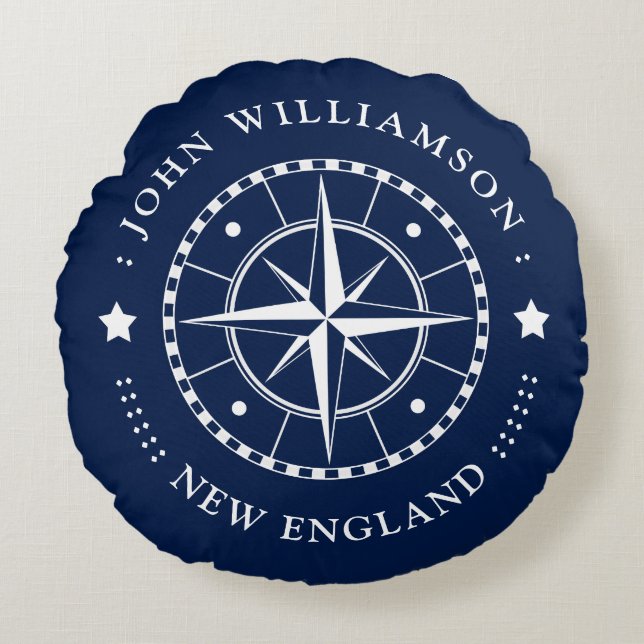 Almofada Redonda Náutico Crachá  de Pé Travesseiro Azul Branco (Frente)