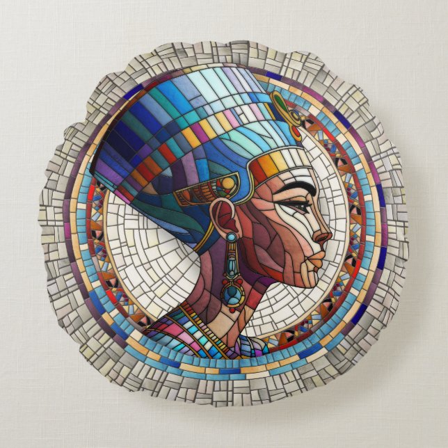 Almofada Redonda Nefertiti egípcio - Arte mosaica (Frente)
