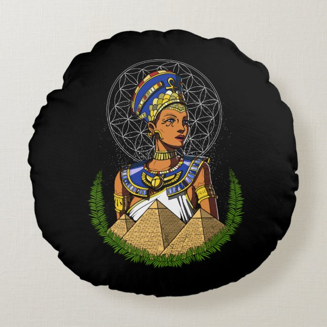 Almofada Redonda Nefertiti egípcio Rainha Deusa Mitologia (Frente)