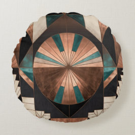 Almofada Redonda Neo Art Deco Geometric Teal Copper Gold Sunburst