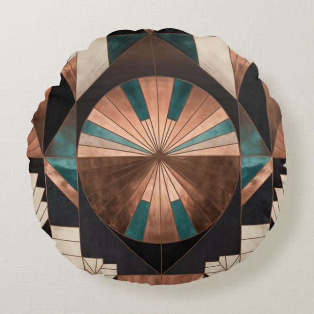 Almofada Redonda Neo Art Deco Geometric Teal Copper Gold Sunburst (Frente)