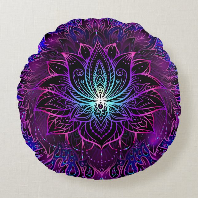 Almofada Redonda Neon Lotus Flower Boho Impressão (Frente)