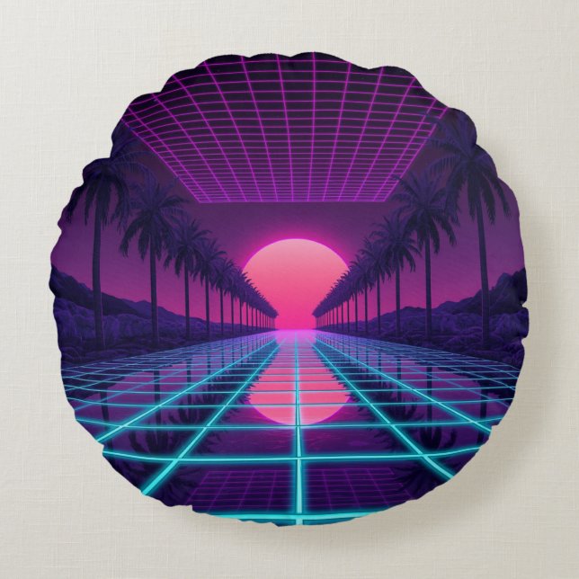 Almofada Redonda Neon Synthwave Grid & Palms Retro Pillow (Frente)