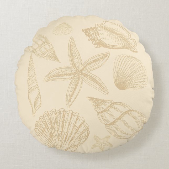 Almofada Redonda Neutral Tan Beige Seashell Shells Beach House (Frente)