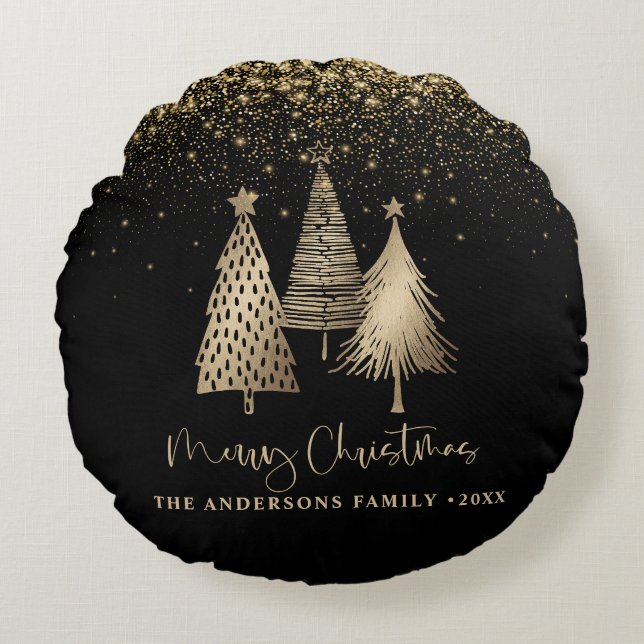 Almofada Redonda Neve Dourada de Árvore de Natal elegante (Frente)