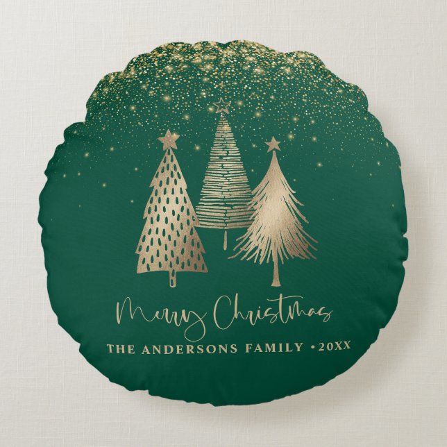 Almofada Redonda Neve Dourada de Árvore de Natal elegante (Frente)