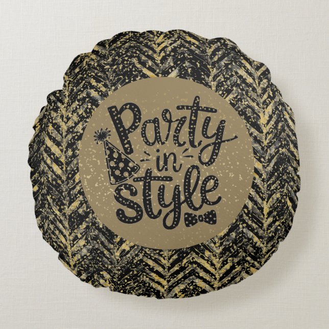 Almofada Redonda New Year Celebrate,Party in Style,Black Gold  Art (Frente)