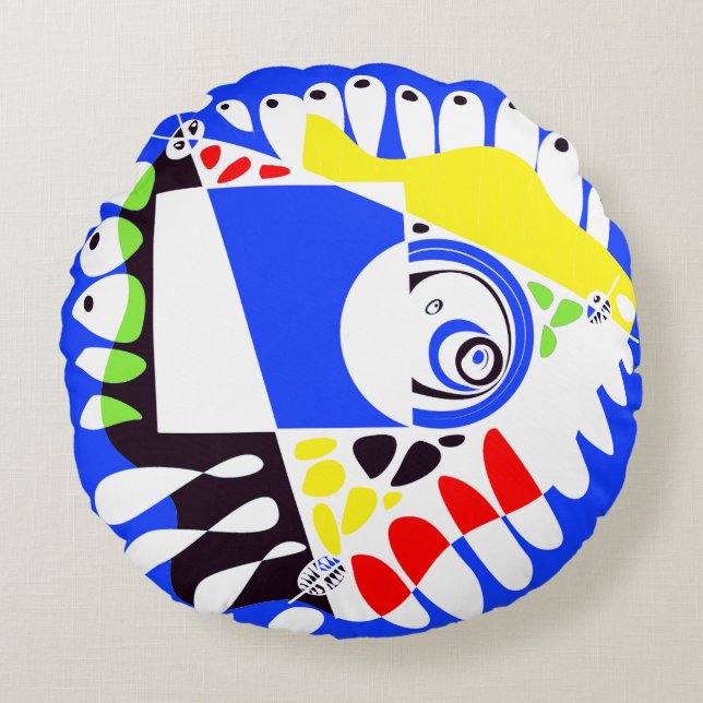 Almofada Redonda Ninho de Pássaro - Branco Azul Real (Frente)