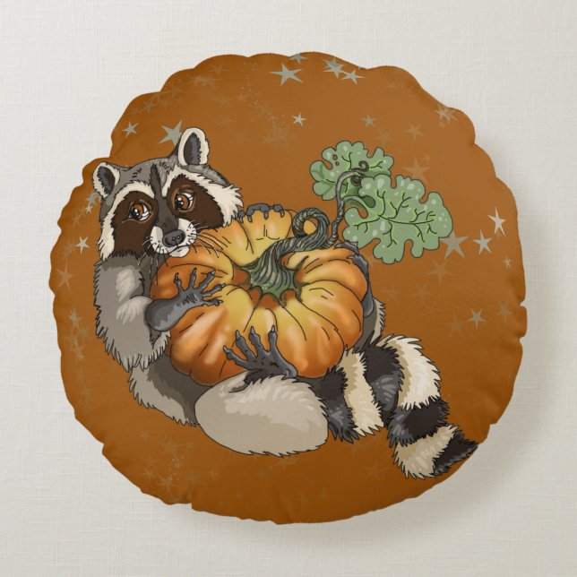 Almofada Redonda No outono de Roll Raccoon Pumpkin (Frente)