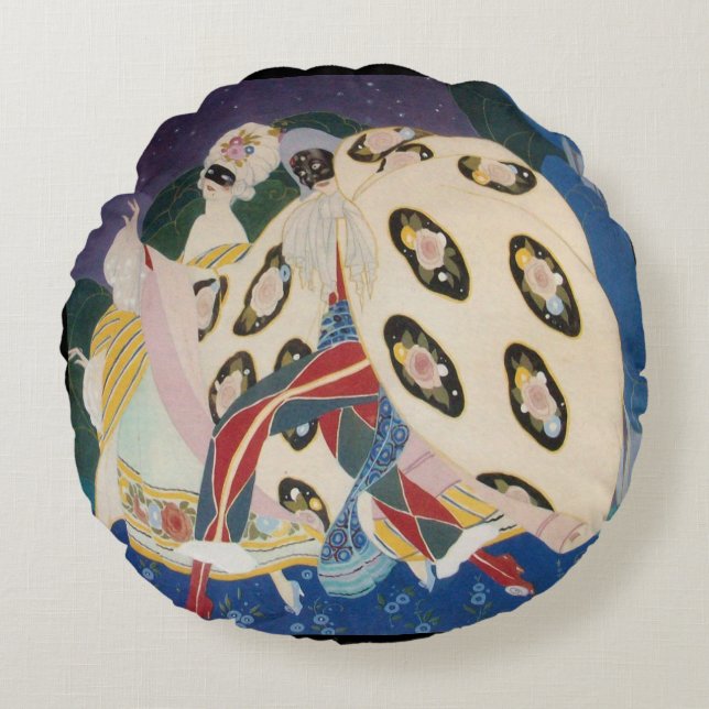 Almofada Redonda NOCTURNE COM MASKS / Art Deco Venetian Mascarada (Frente)