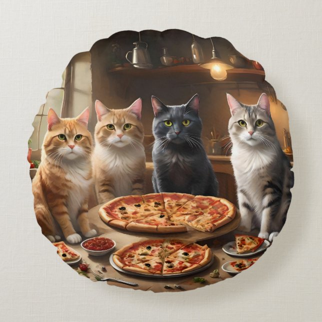 Almofada Redonda Noite da Pizza de Gato, (Frente)