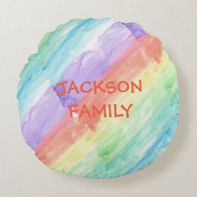 Almofada Redonda Nome da Família com Padrão de Aquarela (Frente)
