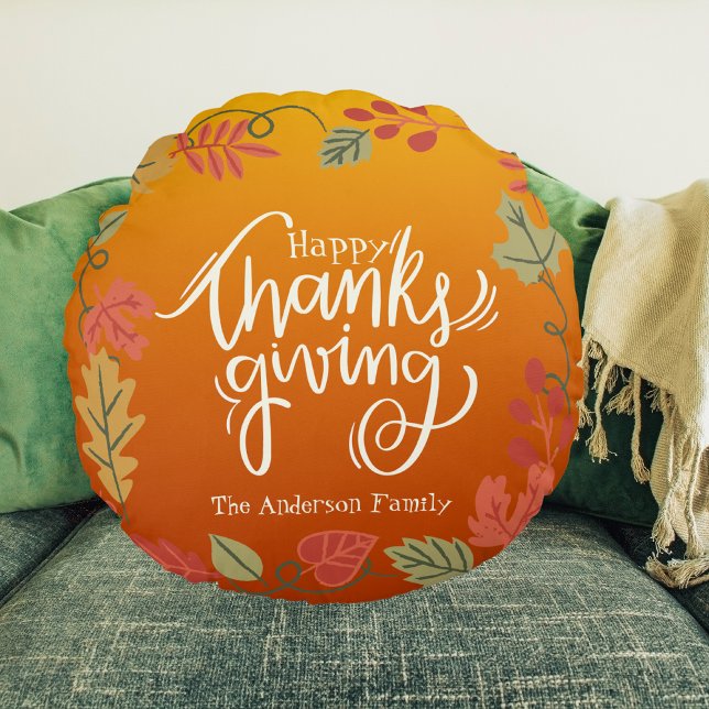 Almofada Redonda Nome da Família Moderno outono Queda Feliz Ação de (Criador carregado)