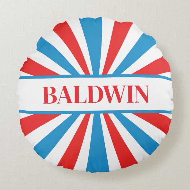 Almofada Redonda Nome da família Red, White e Blue Sunburst (Frente)
