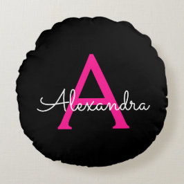 Almofada Redonda Nome do Monograma Girly Black Script Hot-Pink