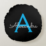 Almofada Redonda Nome do Monograma Girly de Script Preto Azul<br><div class="desc">Travesseiro de Pouf de Nome Simples de Script Preto e Azul O travesseiro faz o doce e perfeito presente de 16 anos,  casamento,  chá de panela,  chá de fraldas ou festa de solteira para alguém que decora seu quarto em ouro rosa.</div>