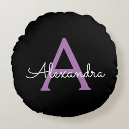 Almofada Redonda Nome do Monograma Girly de Script Preto Roxo