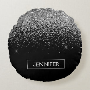 Almofada Redonda Nome do Monograma Girly Negra Silver Glitter