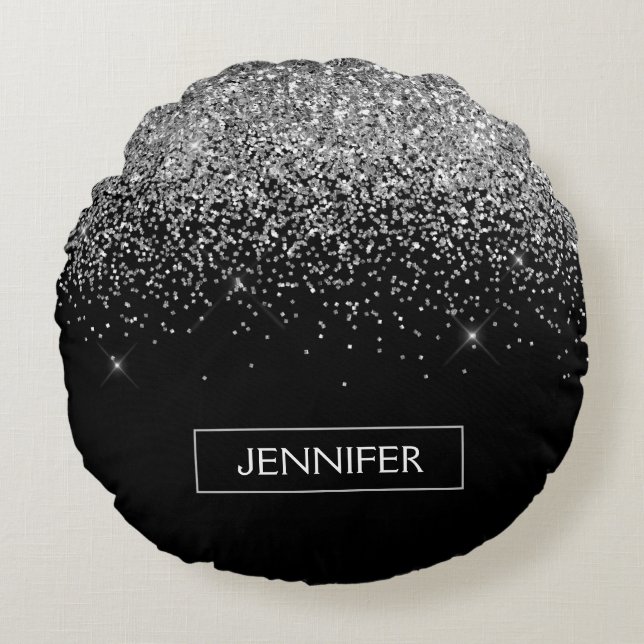Almofada Redonda Nome do Monograma Girly Negra Silver Glitter (Frente)