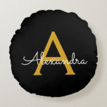 Almofada Redonda Nome do Monograma Rapariga de Script Moderno Doura<br><div class="desc">Monograma de Script Simples Preto e Dourado Nome Travesseiro Pouf. O travesseiro faz o doce e perfeito presente de 16 anos,  casamento,  chá de panela,  chá de fraldas ou festa de solteira para alguém que decora seu quarto em ouro rosa.</div>