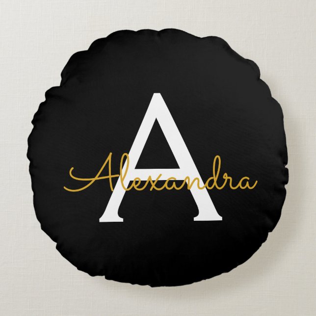 Almofada Redonda Nome do Monograma Rapariga de Script Moderno Doura (Frente)