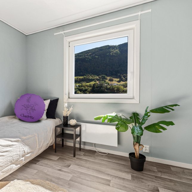 Almofada Redonda Nome Elegante lavanda preto de linha botânica (Criador carregado)