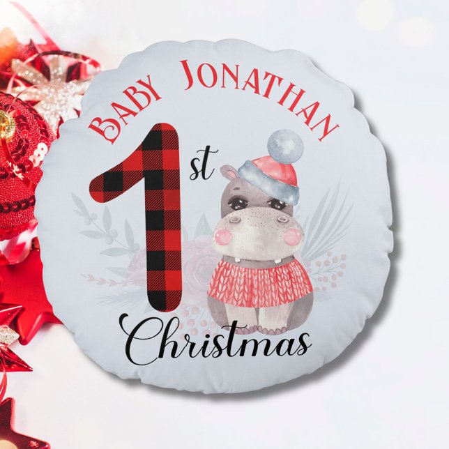 Almofada Redonda Nome Hippo do Bebê Garoto de Natal (Criador carregado)