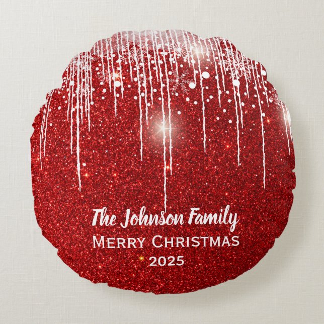 Almofada Redonda Nome Personalizado da Família Feliz Natal Vermelho (Frente)