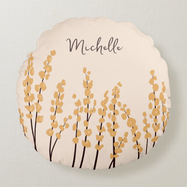 Almofada Redonda Nome Personalizado das Flores Amarelas Modernas Pi (Frente)