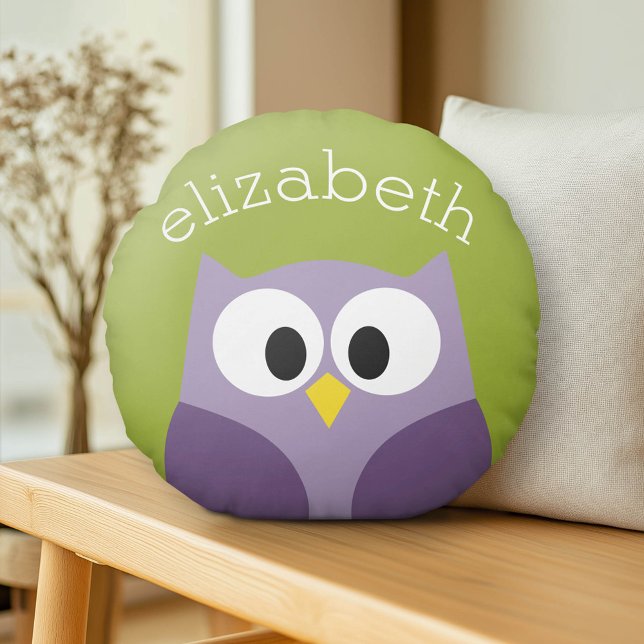 Almofada Redonda Nome Personalizado de Coruja de Cartoon Cute Roxo  (Custom Pillow)