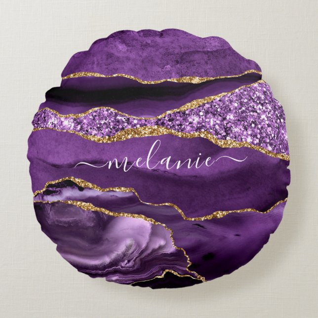 Almofada Redonda Nome Personalizado de Geodo Glitter Dourado Violet (Frente)