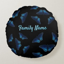 Almofada Redonda Nome Personalizado do Padrão de Borboletas Azul