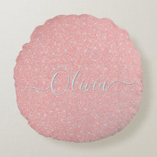 Almofada Redonda Nome Personalizado do Sparkle Glitter Rosa Pastel