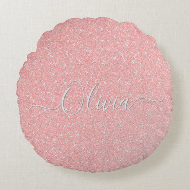 Almofada Redonda Nome Personalizado do Sparkle Glitter Rosa Pastel (Frente)