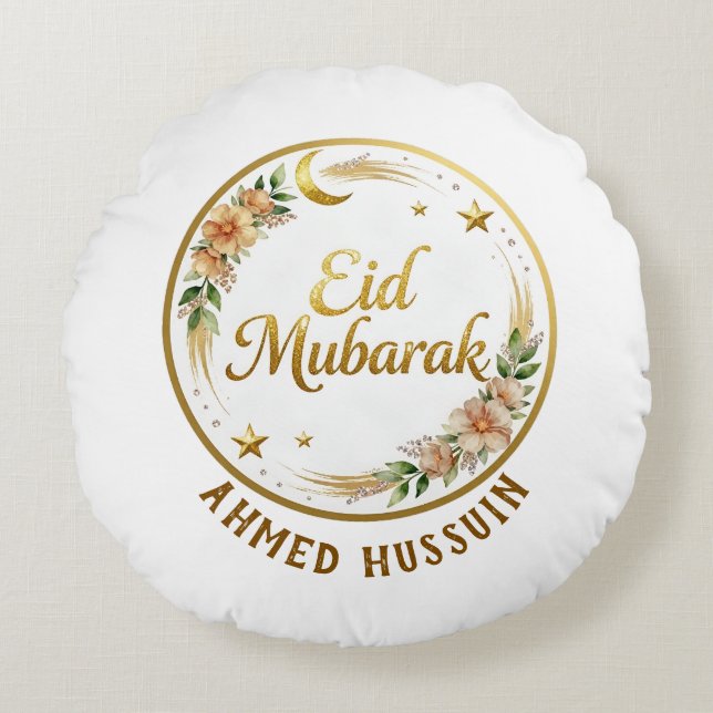 Almofada Redonda Nome Personalizado Eid Mubarak Floral Lua Dourada  (Frente)