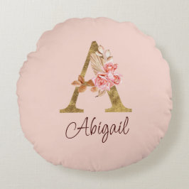 Almofada Redonda Nome Personalizado Folha de Ouro Blush Rosas Rosa
