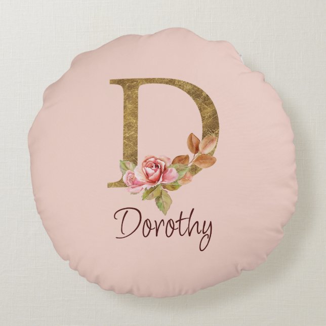 Almofada Redonda Nome Personalizado Folha Ouro Rosas Rosa Espelhada (Verso)