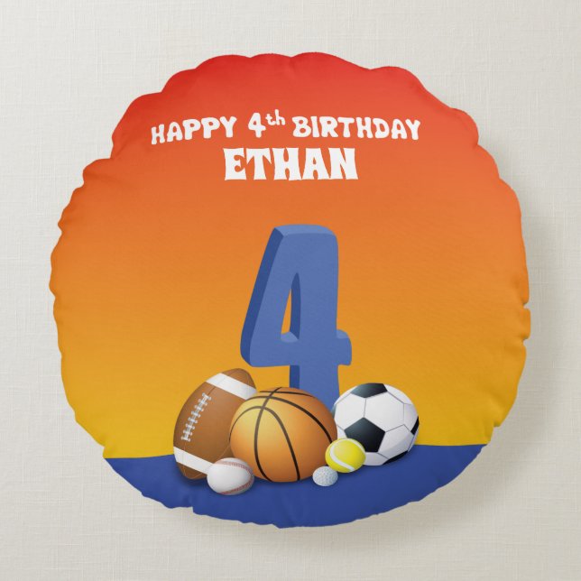 Almofada Redonda Nome Personalizado Menino 4º Aniversário Esportivo (Frente)