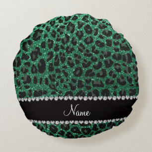 Almofada Redonda Nome personalizado mint verde brilho leopardo
