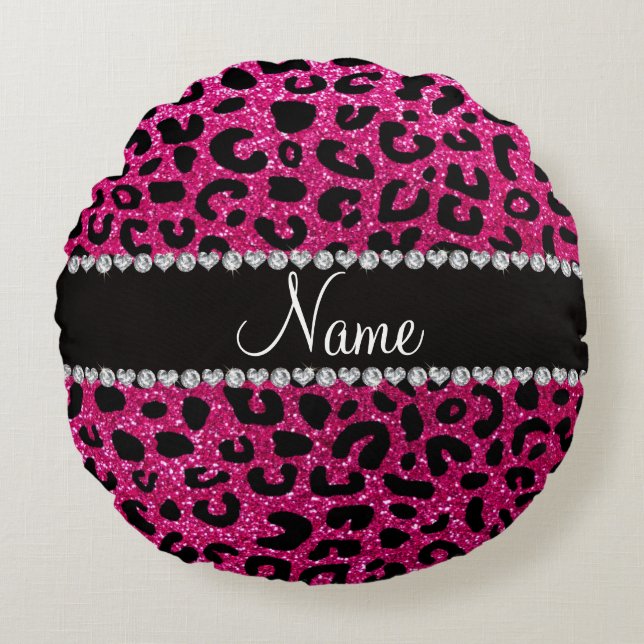 Almofada Redonda Nome personalizado neon hot pink gliter cheetah im (Frente)