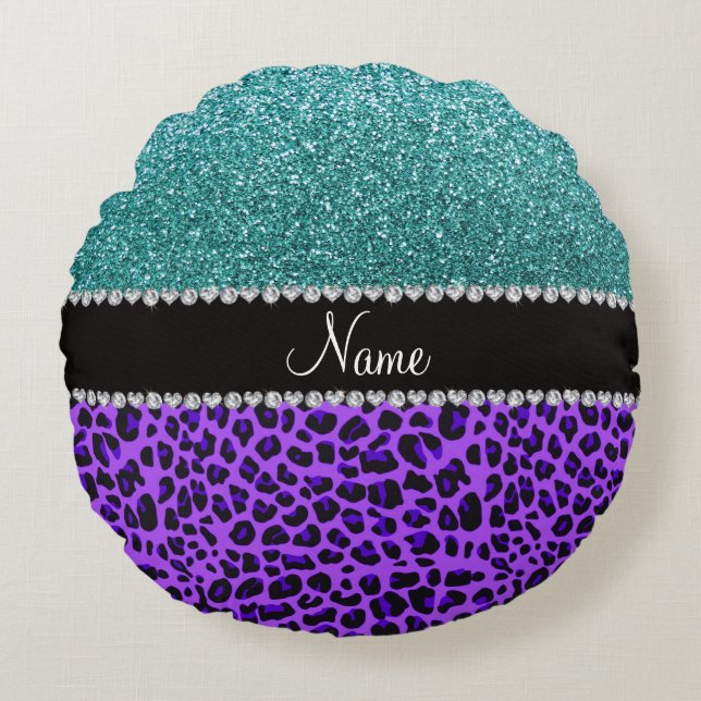 Almofada Redonda Nome personalizado turquesa-leopardo-roxo (Frente)