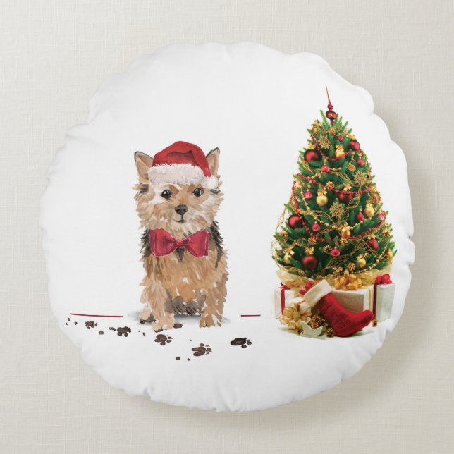 Almofada Redonda Norfolk Terrier Engraçado Cachorro de Natal com Ár (Frente)