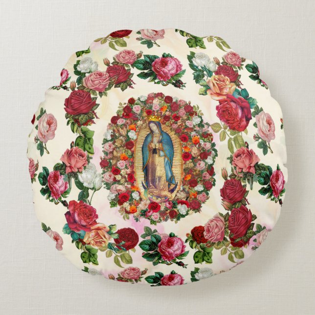 Almofada Redonda Nossa Senhora de Guadalupe Rosa Potpourri (Frente)