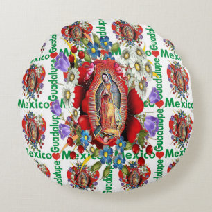Almofada Redonda Nossa Senhora de Guadalupe, Virgem Maria Aztec Mex