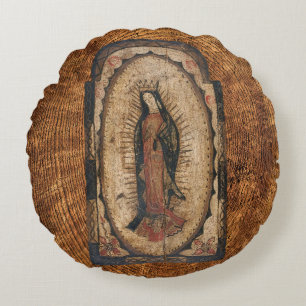 Almofada Redonda Nossa Senhora de Guadalupe Virgem Mary Wood