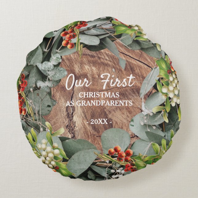 Almofada Redonda Nosso Primeiro Natal como Foto de Avós (Verso)