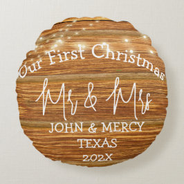 Almofada Redonda Nosso primeiro Natal Sr. e Sra. recém-casados made