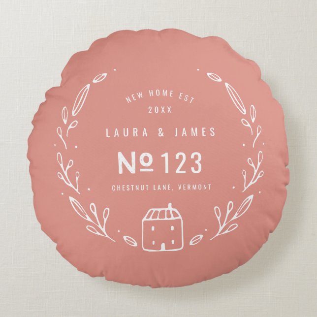 Almofada Redonda Nova casa desenho floral feito à mão (Frente)